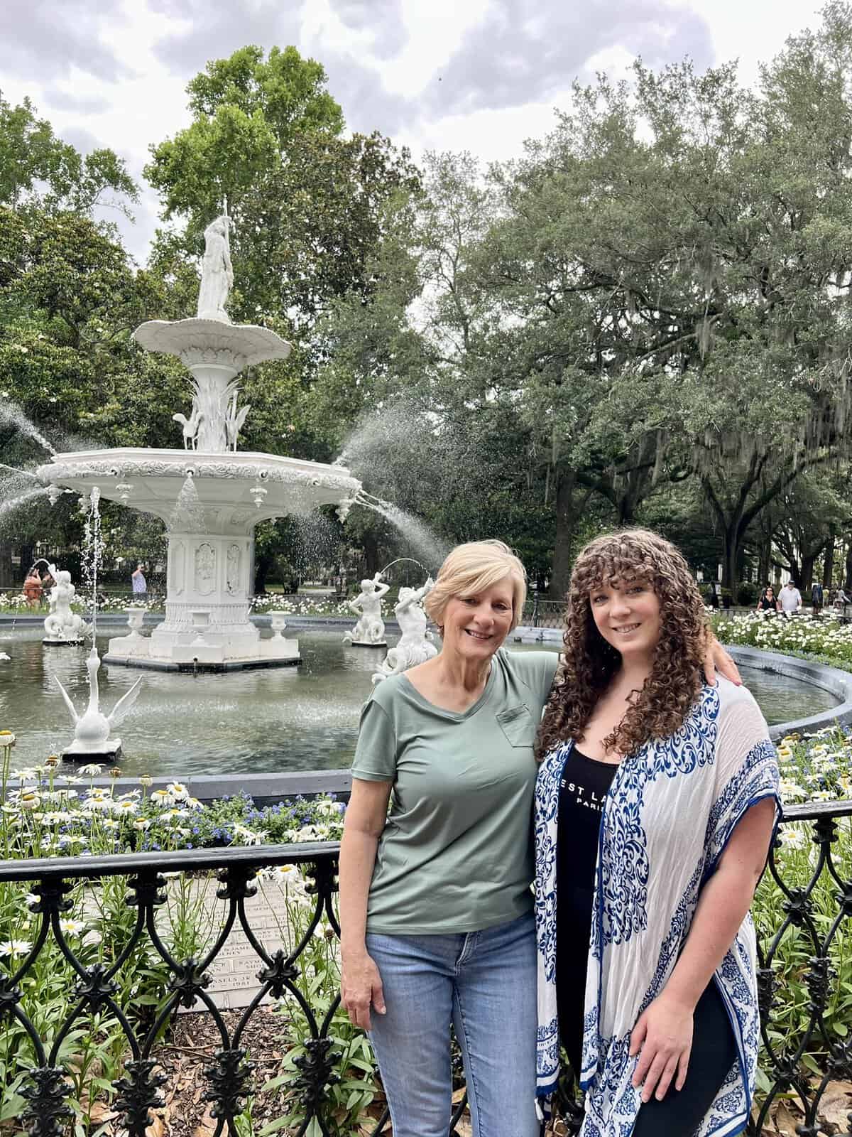 pam and sara in front of the fountain at Forsyth Park in Savannah, GA