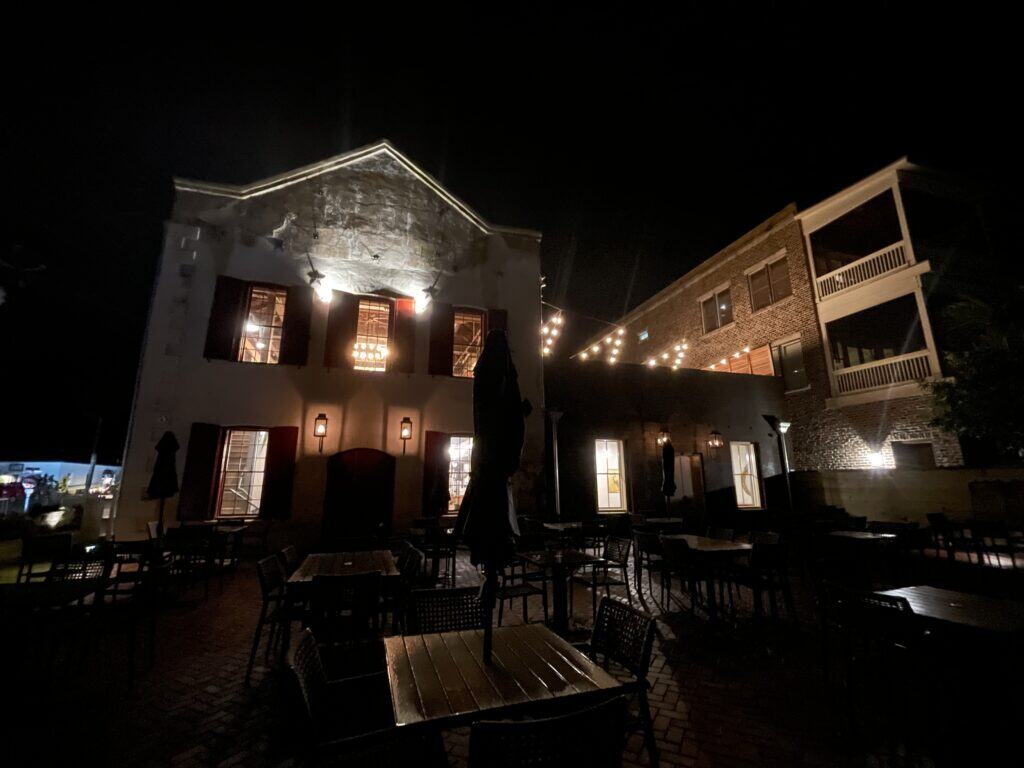 historic building at night with lights in Darien, Ga. 