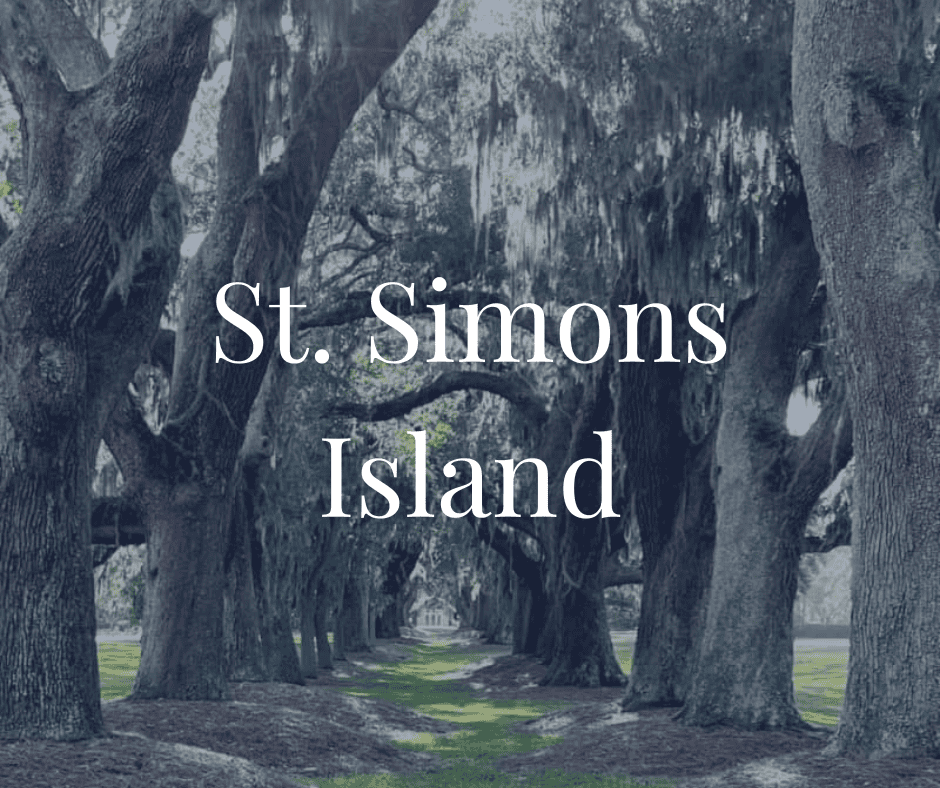 avenue of oaks with text "St. Simons Island" overlaid.