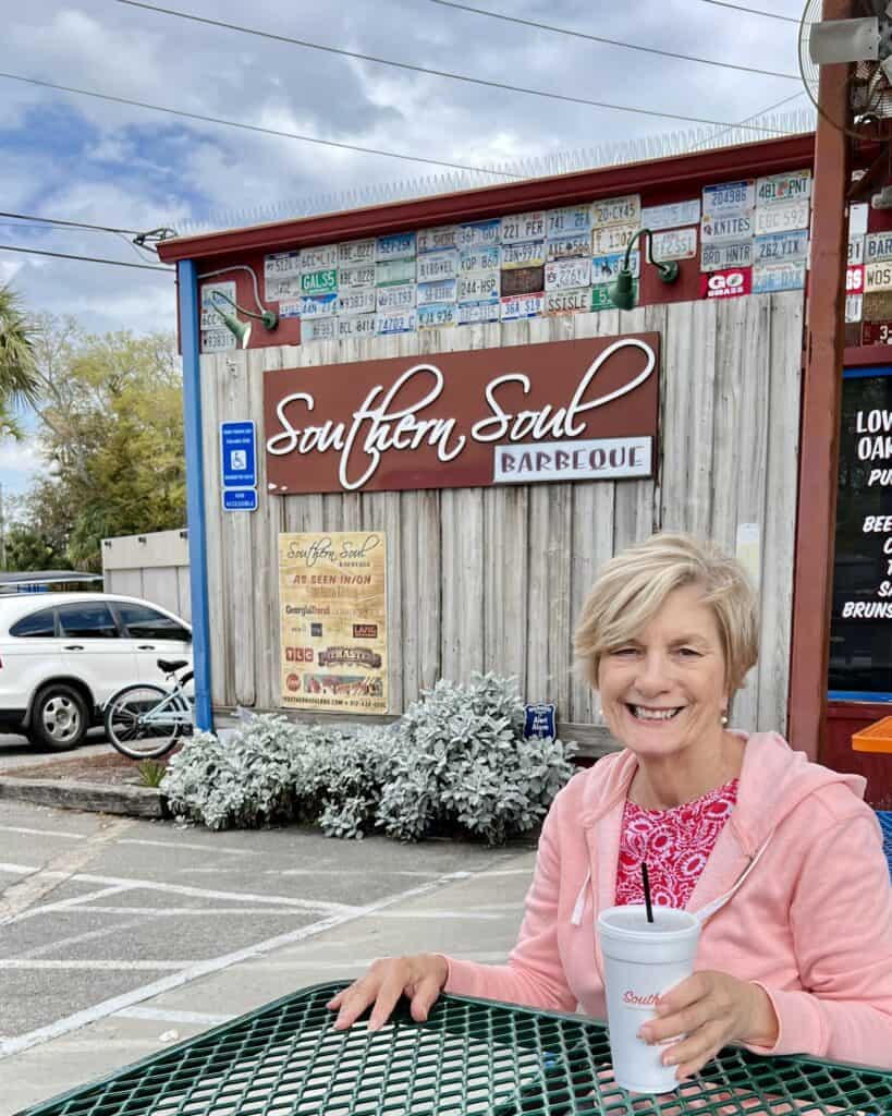 Pam in front of Southern Soul BBQ.