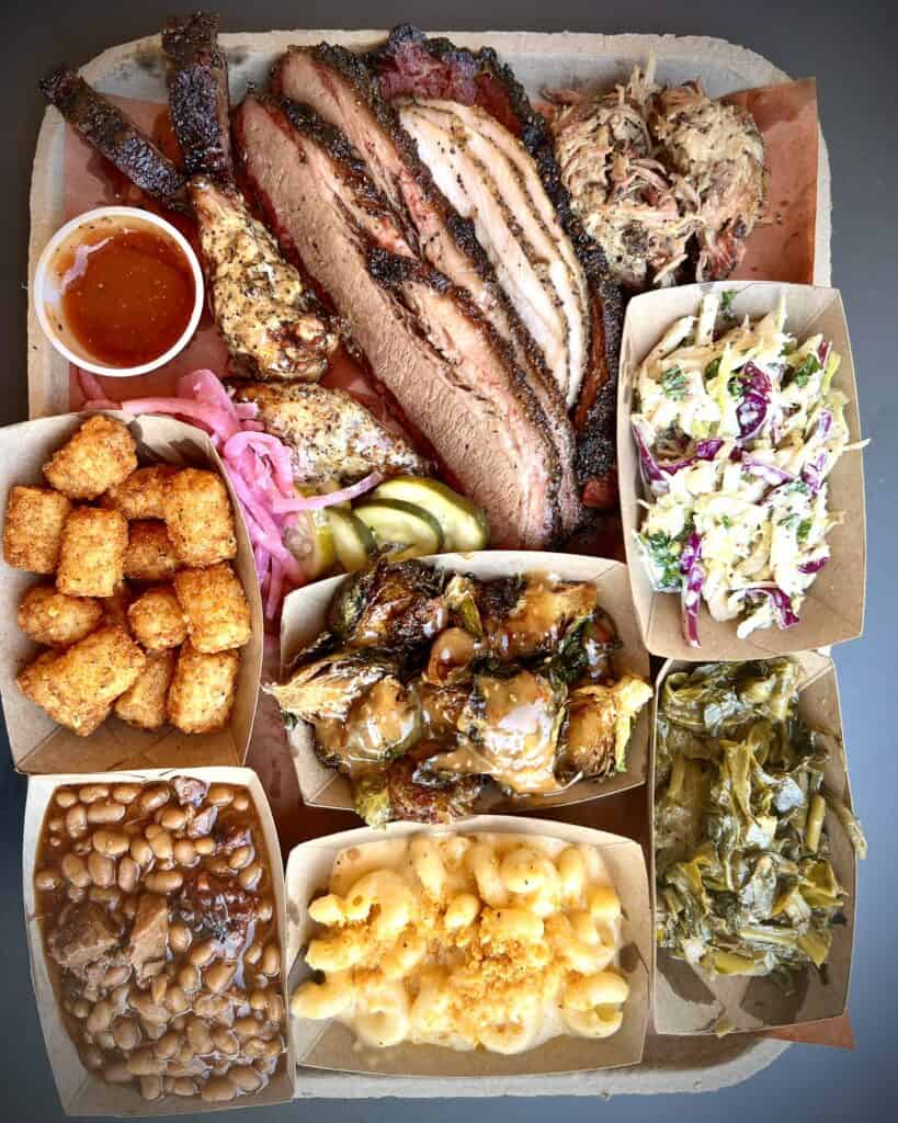 tray of bbq and sides.