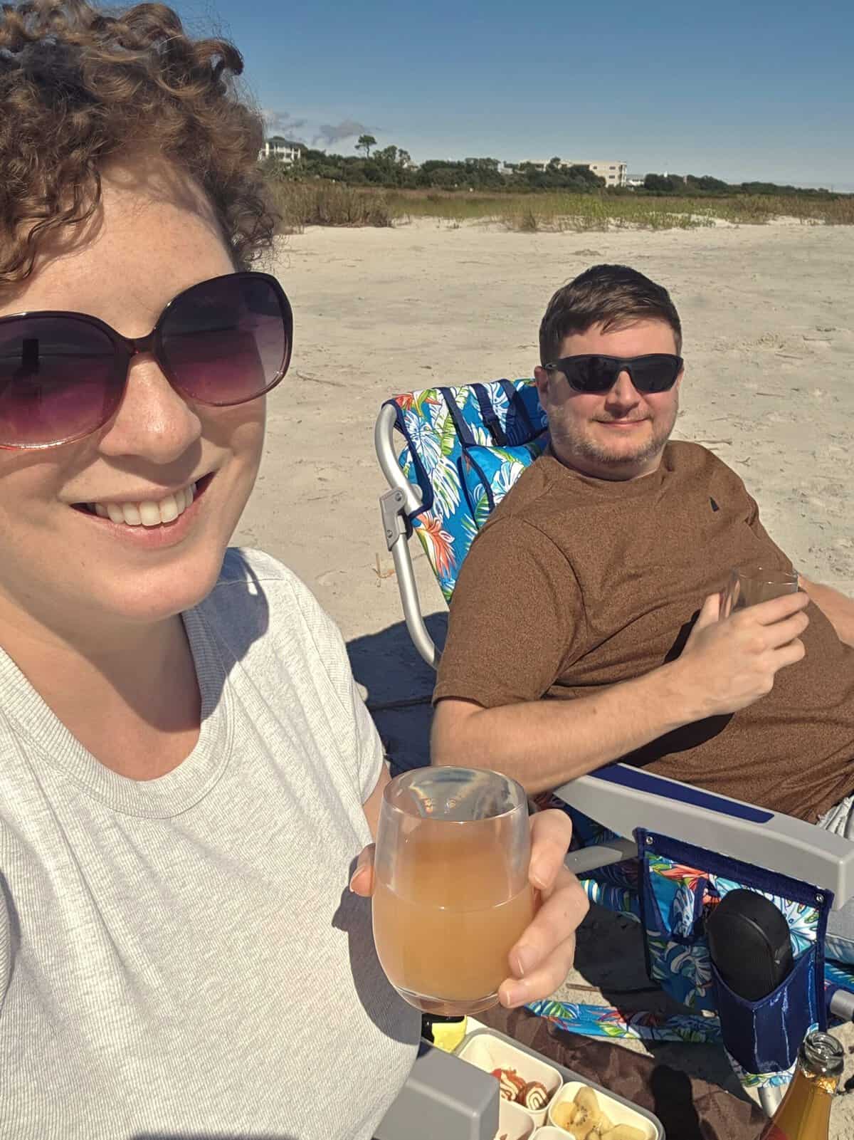 Sara and Van having a romantic picnic on the beach on St. Simons Island.