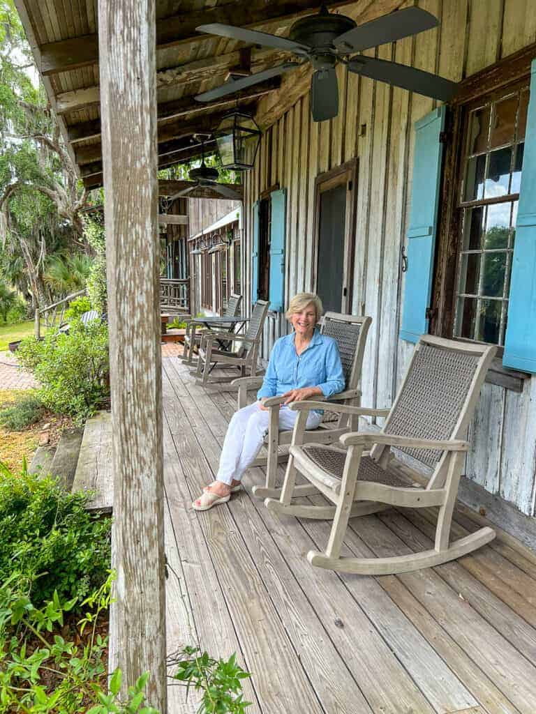 Pam on cabin porch.