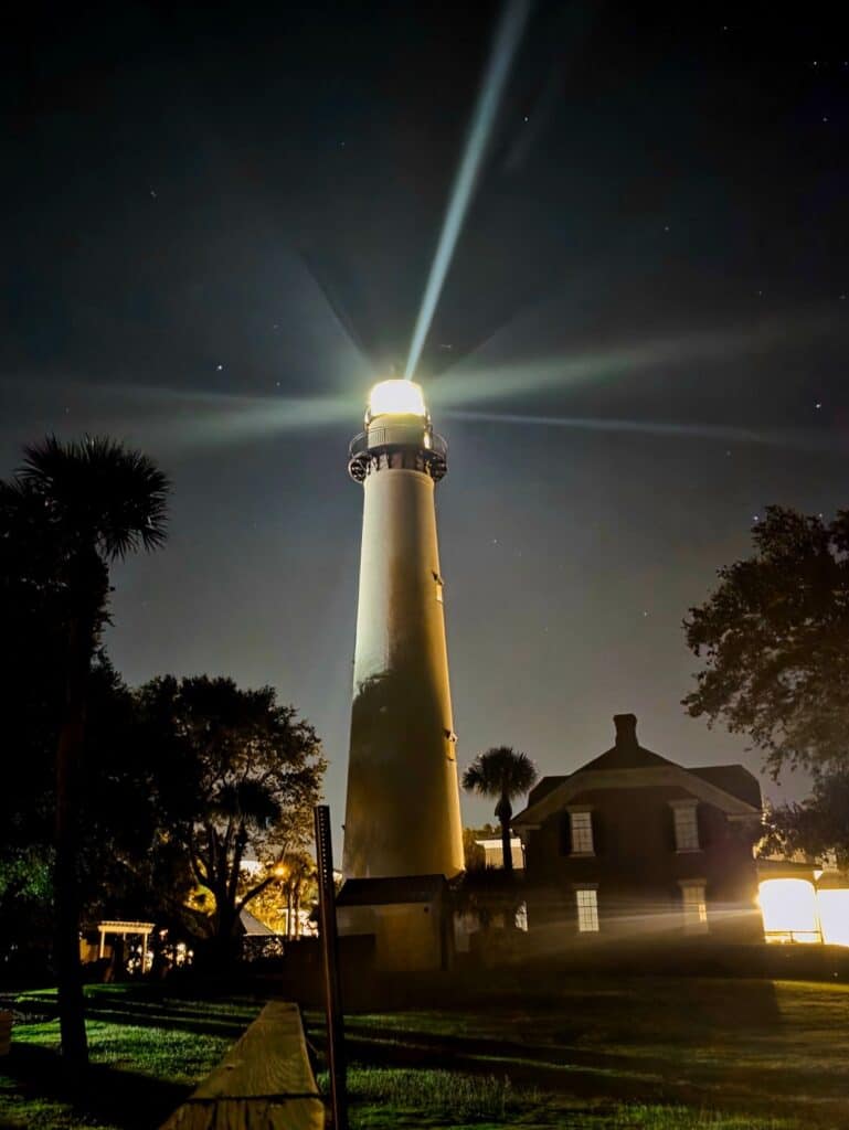 ST. Simons lighthouse at night. 
